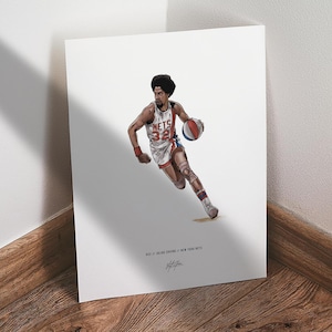 May include: Illustration of a basketball player in a white and red Nets jersey with the number 32. The player is dribbling a basketball. The artwork is on a white background with text at the bottom: "#32 // Julius Irving // New York Nets."