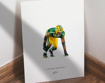 May include: A print featuring an American football player in a green and yellow uniform, in a low stance. The player is wearing a helmet and pads. The print includes the text "#1 Micah Parsons / Green Bay Packers" and a signature.