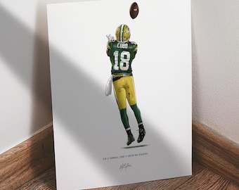 May include: Illustration of a football player in a green and yellow uniform, catching a brown football. The player wears the number 18 and the name "Cobb" on the helmet. The artwork is on a white poster.
