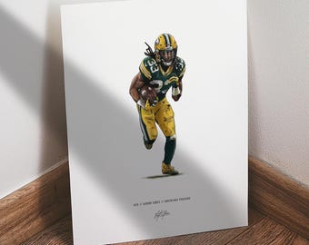 May include: Illustration of a football player in a green and yellow uniform, running with the ball. The player is wearing a helmet and is in motion. The artwork is on a white background with the player's name and team at the bottom.
