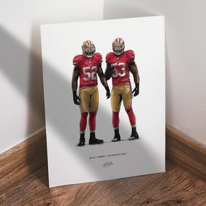 May include: A vertical art print featuring a digital illustration of two football players in red jerseys with gold pants, wearing helmets and black gloves. The players are numbered 52 and 53. Text at the bottom reads WILLIS / BOWMAN // SAN FRANCISCO 49ERS.