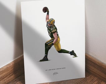 May include: Illustration of a football player in a green and yellow uniform, catching a football. The player is wearing a helmet with the number 82. The artwork is on a white background with the text "#82 Jordy Nelson // Green Bay Packers".