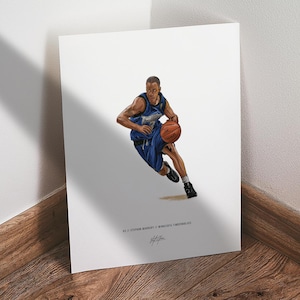 May include: Illustration of a basketball player in a blue and white uniform dribbling a basketball. The artwork is on a white background and includes the text "#3 // STEPHON MARBURY // MINNESOTA TIMBERWOLVES" and a signature.