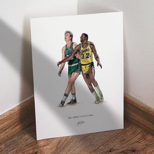 May include: Illustration of Larry Bird and Magic Johnson in their basketball uniforms. Bird is in a green Celtics uniform, and Johnson is in a yellow Lakers uniform. The artwork is on a white background with the text "BIRD / JOHNSON // CELTICS VS LAKERS".