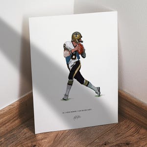 May include: Illustration of a football player in a white, black, and gold uniform, holding a football. The player is wearing a gold helmet with a cross logo. The print includes the text "#8 // Archie Manning // New Orleans Saints".