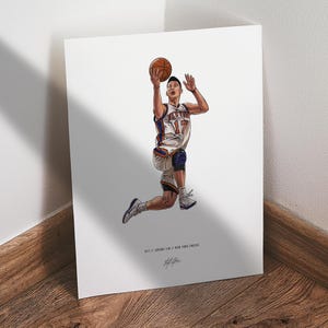 May include: Illustration of a basketball player in a Knicks uniform, number 17, mid-jump, about to shoot a basketball. The artwork is on a white background, with the player's pose and the ball in focus. The artwork is signed.