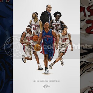 May include: A digital illustration print featuring the 2003-2004 Detroit Pistons basketball team and coach in action. The players wear white and blue uniforms with team branding. Text at the bottom reads 2003-2004 NBA CHAMPIONS // DETROIT PISTONS.