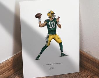 May include: Illustration of a football player in a green and yellow uniform throwing a football. The player wears a helmet with the number 10. The artwork is on a white background and includes the text "#10 JORDAN LOVE // GREEN BAY PACKERS".