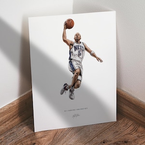 May include: Illustration of a basketball player in a white and blue jersey, mid-jump, holding a basketball. The jersey reads "NETS" with the number "5". The artwork is signed and includes text at the bottom: "#5 // JASON KIDD // NEW JERSEY NETS".