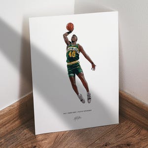 Shawn Kemp Poster, Seattle Supersonics Basketball Wall Art, 8x10 Sports Print for Man Cave Office or Fan Gift