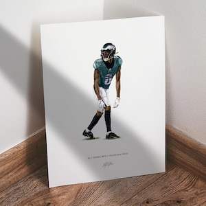May include: Illustration of a football player in a green and white uniform, wearing a helmet. The player is in a stance, ready to play. The print includes the player's name and team.