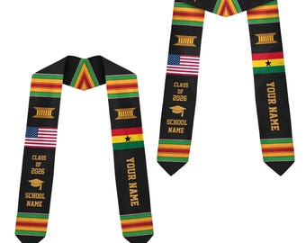 Personalized Kente Graduation Stole, Ghana Flag Grad Sash, African Heritage Stole, Custom Graduation Gift for Students Abroad ID-0407-YM5T