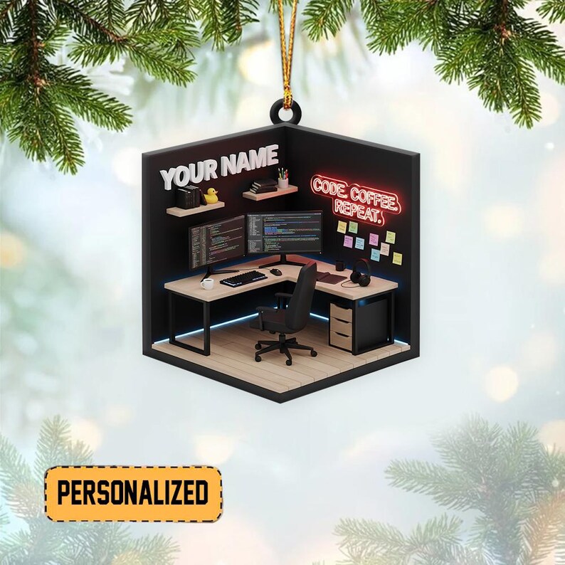 May include: A personalized ornament featuring a miniature computer workstation. The ornament includes a desk, chair, computer monitors, and the text "CODE COFFEE REPEAT." The text "YOUR NAME" is also displayed. The ornament is hanging from a gold string.