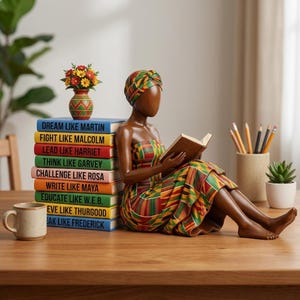 May include: A wooden figurine of a woman in a colorful dress and head wrap, reading a book. She sits next to a stack of books with inspirational titles. A small vase of flowers and a mug are on the wooden table.
