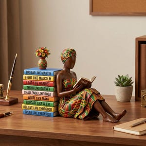 May include: A wooden figurine of a woman in a colorful patterned dress and head wrap, reading a book. She is seated next to a stack of books with inspirational phrases. A small vase of flowers sits nearby. The figurine is on a wooden desk.