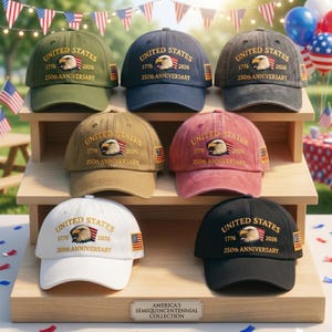 May include: A display of baseball caps in various colors, including green, navy, gray, tan, pink, white, and black. Each cap features the text "UNITED STATES 1776 2026 250th ANNIVERSARY" and an eagle graphic. The display also includes the text "AMERICA'S SEMIQUINCENTENNIAL COLLECTION".