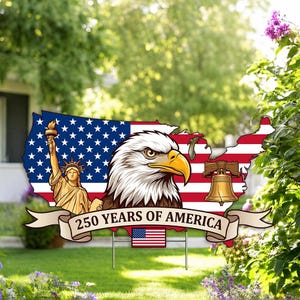 May include: A patriotic yard sign featuring a map of the United States with the American flag design. The sign includes an illustration of a bald eagle, the Statue of Liberty, and the Liberty Bell. The text reads "250 YEARS OF AMERICA."