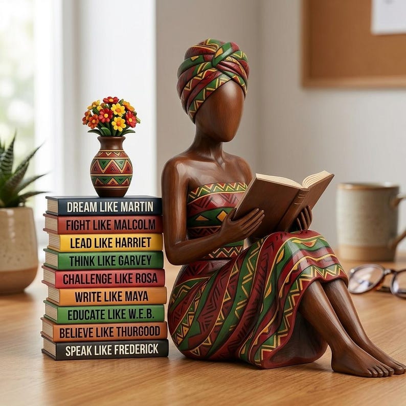May include: A brown figurine of a woman reading a book, wearing a patterned dress and head wrap. A stack of books with inspirational phrases like "Dream Like Martin" and a vase with flowers are next to her. The figurine is on a wooden surface.