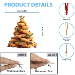 May include: A decorative Christmas tree made of fried food, topped with a gold star. The tree is 3.5 inches tall and wide. Includes options for red string, gold tinsel string, and sedge string. Available in acrylic or wood, 3mm thick.