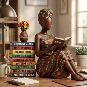 May include: A wooden figurine of a woman reading a book with the word "NAME" on the cover. She is wearing a patterned dress and head wrap. A stack of books with inspirational phrases like "Dream Like Martin" sits nearby. A vase of flowers and a mug are also on the desk.