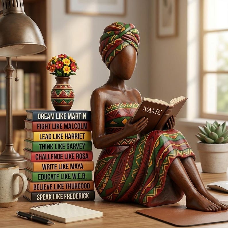 May include: A wooden figurine of a woman reading a book with the word "NAME" on the cover. She is wearing a patterned dress and head wrap. A stack of books with inspirational phrases like "Dream Like Martin" sits nearby. A vase of flowers and a mug are also on the desk.