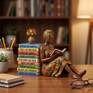 May include: A wooden figurine of a woman reading, wearing a colorful patterned dress and head wrap. A stack of books with inspirational titles like "Dream Like Martin" and "Fight Like Malcolm" sits beside her. A small vase with flowers is also present.