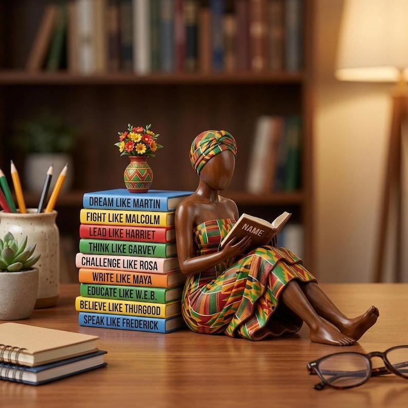 May include: A wooden figurine of a woman reading, wearing a colorful patterned dress and head wrap. A stack of books with inspirational titles like "Dream Like Martin" and "Fight Like Malcolm" sits beside her. A small vase with flowers is also present.