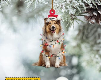 Personalized Rough Collie Dog Ornament, Rough Collie Dog Christmas Lights Ornament Gift, Rough Collie Dog Christmas Tree Decor TD-1016-MNTH