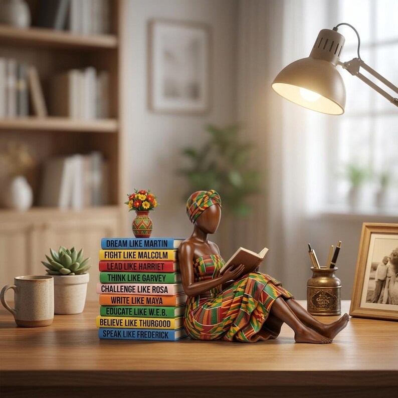 May include: A wooden figurine of a woman reading, wearing a colorful head wrap and dress, sits next to a stack of books with inspirational titles. A small vase of flowers and a coffee mug are also on the desk.