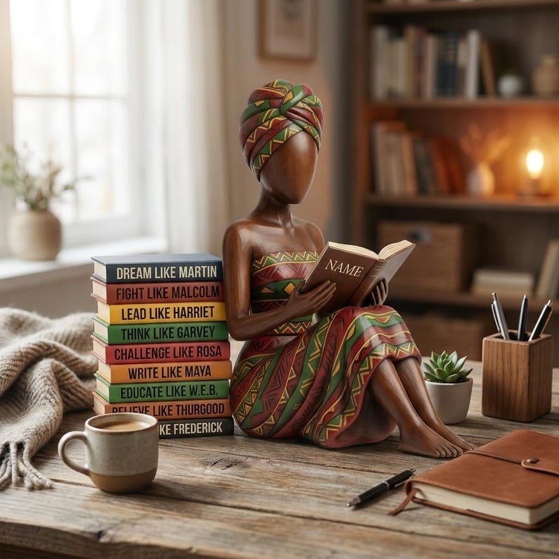 May include: A wooden figurine of a woman reading a book, with a stack of books beside her. The figurine is adorned in colorful patterns. The books have titles like "Dream Like Martin" and "Fight Like Malcolm". A mug and a notebook are also on the wooden table.