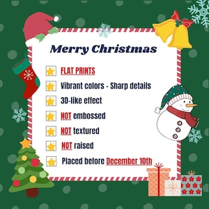 May include: A festive Christmas-themed graphic on a green background. The image features a snowman, Christmas tree, gifts, and the text "Merry Christmas." It highlights product features like flat prints and vibrant colors.