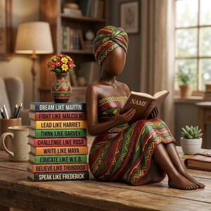 May include: A wooden figurine of a woman reading a book, with a stack of books beside her. The books have titles like "Dream Like Martin" and "Fight Like Malcolm." The figurine is wearing a colorful patterned dress and head wrap. A vase of flowers sits nearby.
