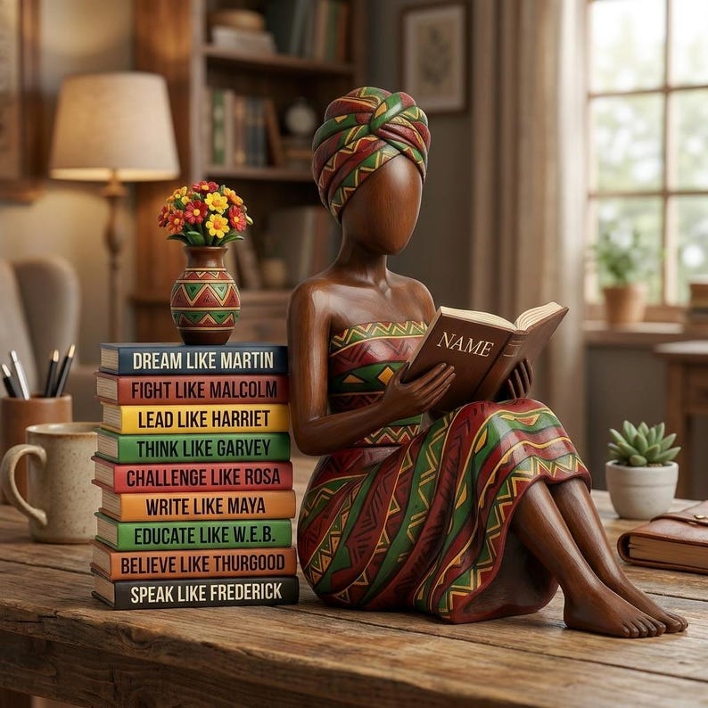 May include: A wooden figurine of a woman reading a book, with a stack of books beside her. The books have titles like "Dream Like Martin" and "Fight Like Malcolm." The figurine is wearing a colorful patterned dress and head wrap. A vase of flowers sits nearby.