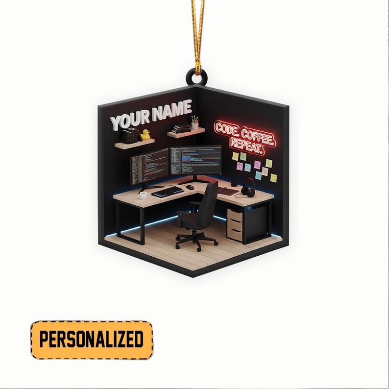 May include: A personalized ornament featuring a miniature computer workspace. The black and light wood desk has two monitors, a keyboard, and a black office chair. The words "CODE. COFFEE. REPEAT." are in neon. The ornament has the text "YOUR NAME".
