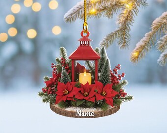 Personalized Lantern Christmas Ornament, Vintage Holiday Lamp Xmas Keepsake Gift, Festive Winter Ornament with Poinsettias Decor Thdso-3063