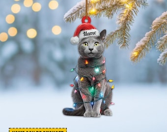 Personalized Russian Blue Cat Ornament, Russian Blue Cat Christmas Lights Ornament Gift, Russian Blue Cat Christmas Tree Decor TD-1016-V80W