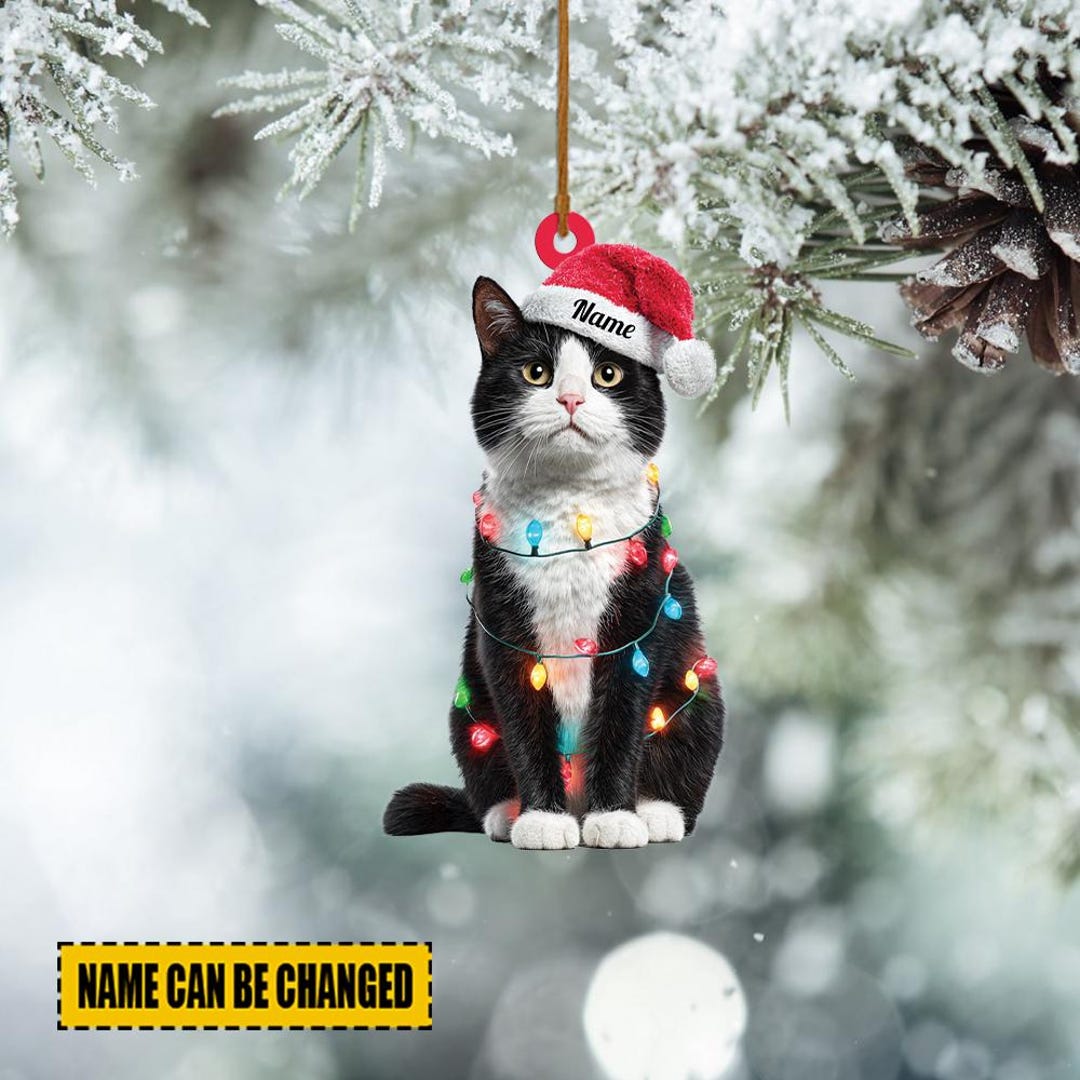 Personalized Tuxedo Cat Ornament, Tuxedo Cat Christmas Lights Ornament ...