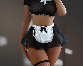 Lingerie Sexy de Empregada Doméstica – fantasia transparente de governanta, lingerie para roleplay.
