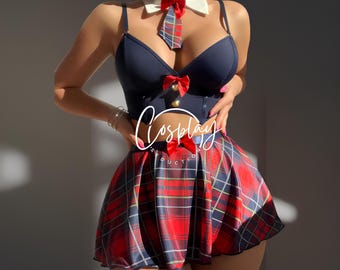 Schoolgirl Lingerie Set – Red and Blue Costume for Women