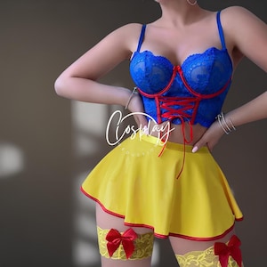 白雪姫ランジェリーセット - ブルーレースコルセット、イエローミニスカート＆ストッキング - セクシーなおとぎ話のコスチューム