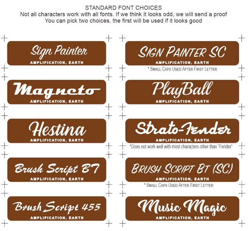 Puede incluir: Un letrero rectangular marr&oacute;n con texto blanco que dice "STANDARD FONT CHOICES". Debajo del texto hay ocho estilos de fuente diferentes con los nombres de cada fuente enumerados debajo. Las fuentes son "Sign Painter", "Sign Painter SC", "Magneto", "Play Ball", "Hestina", "Strato-Fender", "Brush Script 87", "Brush Script BT (SC)" y "Music Magic".