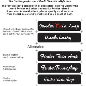 Puede incluir: Una imagen en blanco y negro que muestra diferentes opciones de fuente para el texto "Fender Twin Amp". El texto se muestra en una variedad de fuentes, incluyendo una fuente de escritura, una fuente en negrita y una fuente m&aacute;s tradicional. La imagen tambi&eacute;n incluye texto que describe las diferentes opciones de fuente y sus caracter&iacute;sticas.
