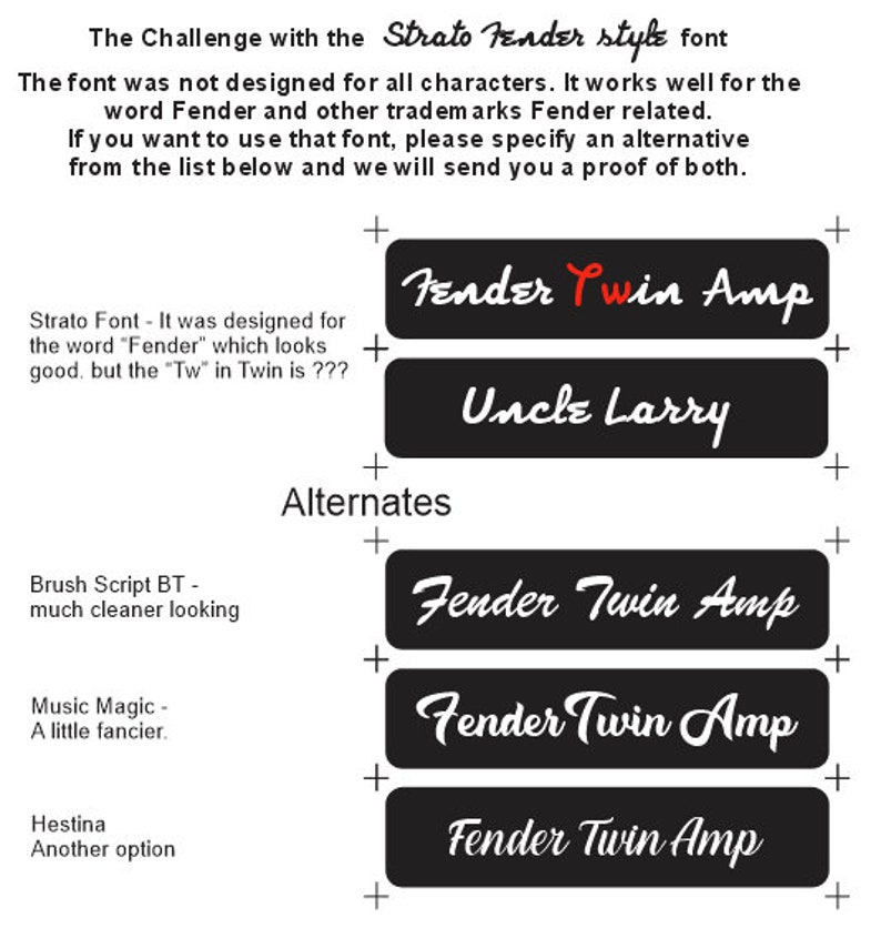 Puede incluir: Una imagen en blanco y negro que muestra diferentes opciones de fuente para el texto "Fender Twin Amp". El texto se muestra en una variedad de fuentes, incluyendo una fuente de escritura, una fuente en negrita y una fuente m&aacute;s tradicional. La imagen tambi&eacute;n incluye texto que describe las diferentes opciones de fuente y sus caracter&iacute;sticas.