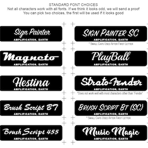 Puede incluir: Un gr&aacute;fico de diferentes opciones de fuentes para usar en amplificaci&oacute;n, tierra y otras aplicaciones. Las fuentes incluyen Sign Painter, Magneto, Hestina, Brush Script B7, Brush Script 455, Sign Painter SC, Play Ball, Strato-Fender, Brush Script BT (SC) y Music Magic.