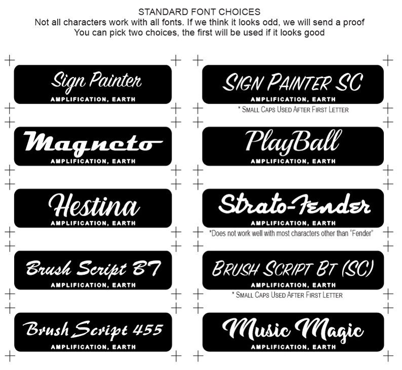 Puede incluir: Un gr&aacute;fico de diferentes opciones de fuentes para usar en amplificaci&oacute;n, tierra y otras aplicaciones. Las fuentes incluyen Sign Painter, Magneto, Hestina, Brush Script B7, Brush Script 455, Sign Painter SC, Play Ball, Strato-Fender, Brush Script BT (SC) y Music Magic.