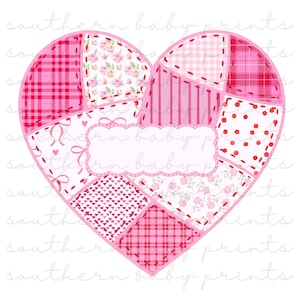May include: A pink heart-shaped design with a patchwork pattern. The design features various pink fabrics with patterns like plaid, polka dots, floral, and hearts. A white, scalloped-edged space is in the center. The text "southern baby prints" is repeated around the heart.