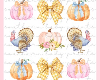 Pumpkin PNG, Turkey PNG, Watercolor Pumpkin Design, Watercolor Turkey, Pumpkin with Bow PNG, Fall, Pumpkin Coquette Design, Digital Download