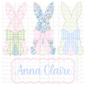 May include: Three Easter bunny designs in pastel colors. The bunnies feature floral and gingham patterns in pink, blue, and green. Each bunny has a large bow and a floral or polka dot pattern. The name "Anna Claire" is written in a light blue script.