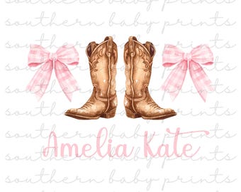 Kokietka kowbojka PNG, Preppy Cowgirl PNG Design, Buty kowbojki z kokardą, Wzór sublimacji kowbojki, Wzór koszulki kowbojki (cyfrowy PNG)