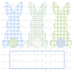 May include: Three Easter bunny cutouts in blue, green, and a mix of both, each with a gingham pattern. The bunnies have scalloped tail accents. The text "southern baby prints" is repeated across the image.